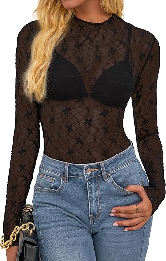 BTFBM Lace Tops for Women 2025 See Through Mesh Top Crew Neck Long Sleeve Fitted Sheer Party Club Outfits Fall Fashion