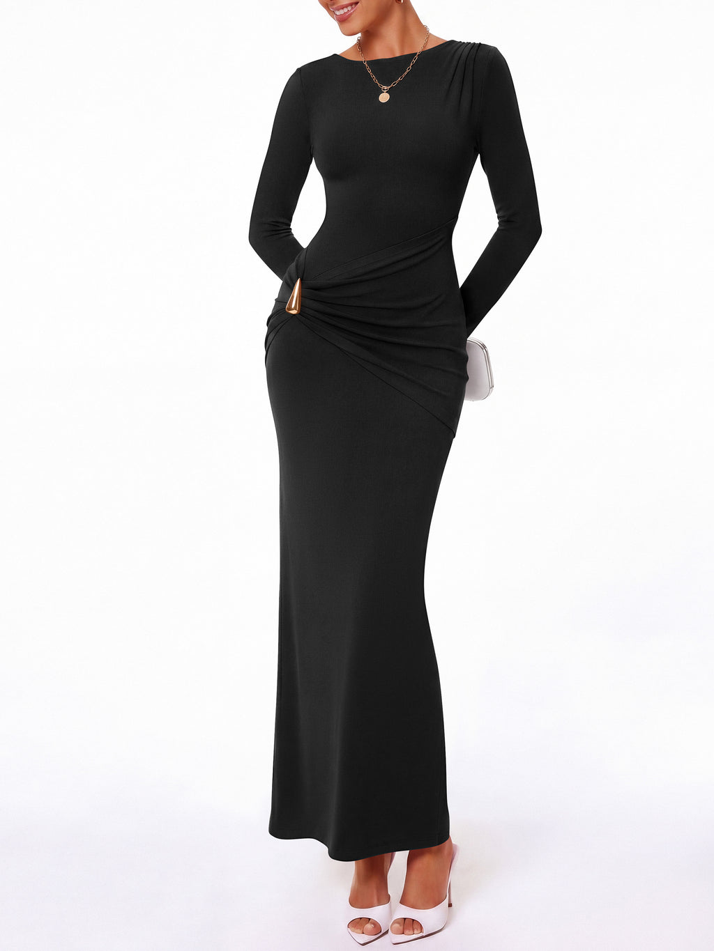 BTFBM Womens Long Sleeve Ruched Slit Maxi Wedding Guest Dress | Boat Neck, Bodycon, Semi Formal Dresses For Women Cocktail, Party, Homecoming, Date Night, Christmas, Holiday, Winter Outfits