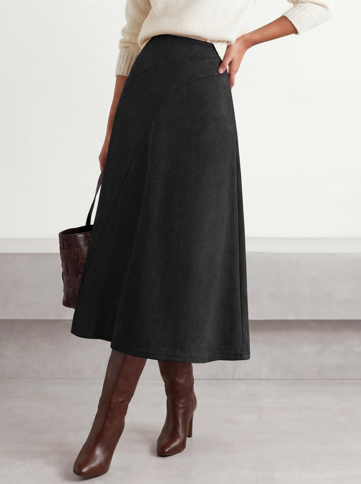 BTFBM Women Faux Suede Midi Long Skirt Fall Fashion 2026 | High Waisted Skirts For Women Trendy, Lightweight, Back Elastic, Arc Line Design, A-Line, Winter Dress, Boho Western Outfits