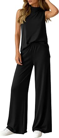 BTFBM Summer 2 Piece Lounge Sets For Women Sleeveless Mock Neck Top Wide Leg Pants Airport Travel Beach Vacation Outfits