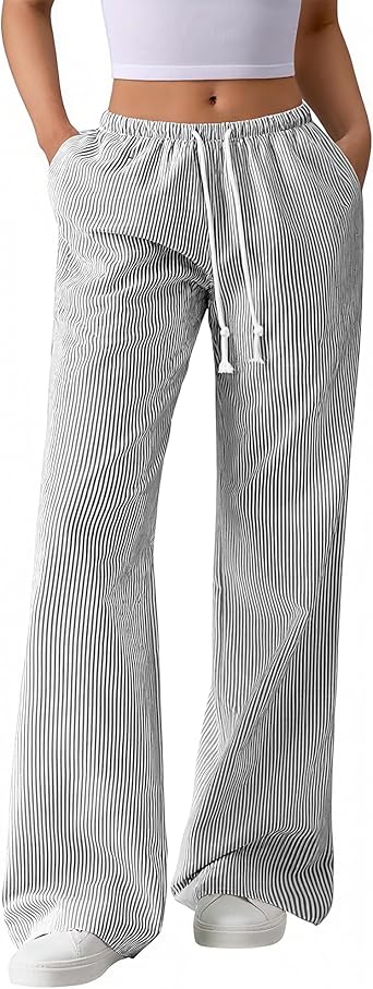 BTFBM Striped Wide Leg Pants for Women Spring Summer 2026 Drawstring Lounge PJ Beach Bottoms Casual Trousers Pockets