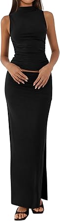 BTFBM Womens Two Piece Outfits Summer Lightweight 2026 Mock Neck Sleeveless Knit Tops Maxi Skirt Set Going Out Dress