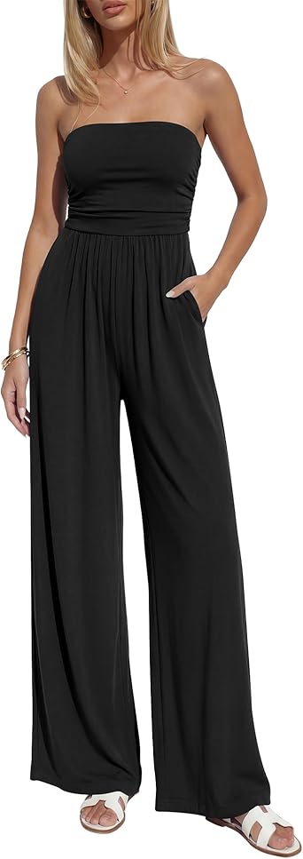 BTFBM Jumpsuits For Women Summer 2026 Beach Vacation Strapless Tube Top Jumpsuit Ruched Casual Wide Leg Pant Rompers