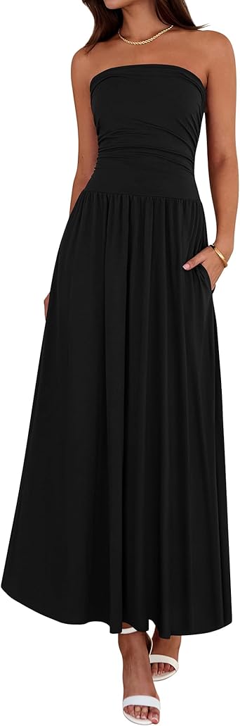 BTFBM Summer Maxi Dresses for Women 2026 Strapless Ruched Tube Top Beach Vacation Spring Wedding Guest Dress Pockets