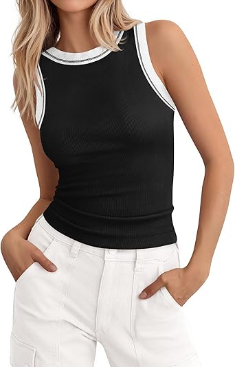 BTFBM Crew Neck Tank Top for Women Sleeveless Ribbed Contrasting Slim Fitted Y2k Casual Basic Shirts Spring Summer Tops 2026