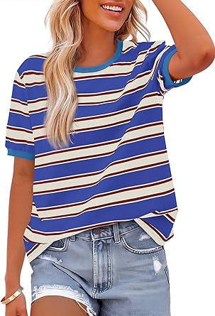 BTFBM Summer Tops for Women 2025 Crewneck Short Sleeve Striped T Shirts Casual Spring Clothes Color Block Basic Tee Blouses
