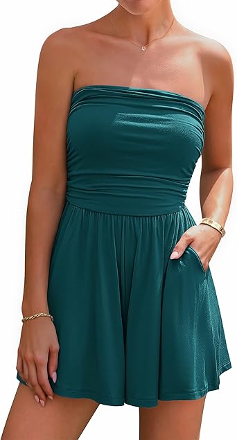 BTFBM Womens Romper 2026 Spring Summer Strapless Tube Tops Beach Vacation Clothes Boho Loose Shorts Jumpsuits Pockets