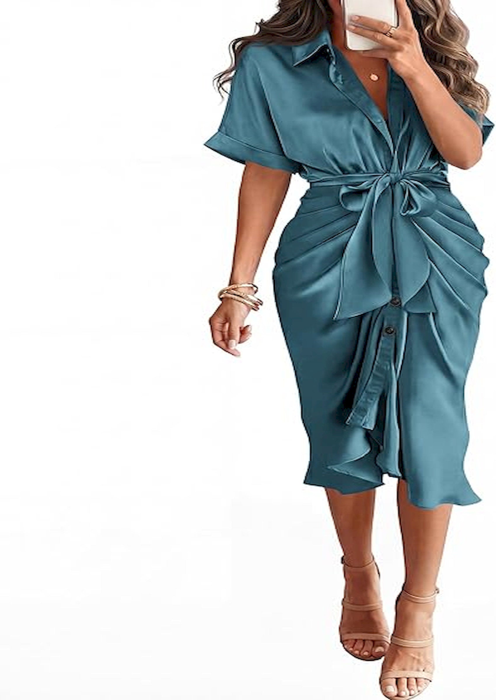 BTFBM Dresses for Women Summer Button Short Sleeve Silk Satin Ruched Spring Maxi Dress 2026 Cocktail Party Wedding