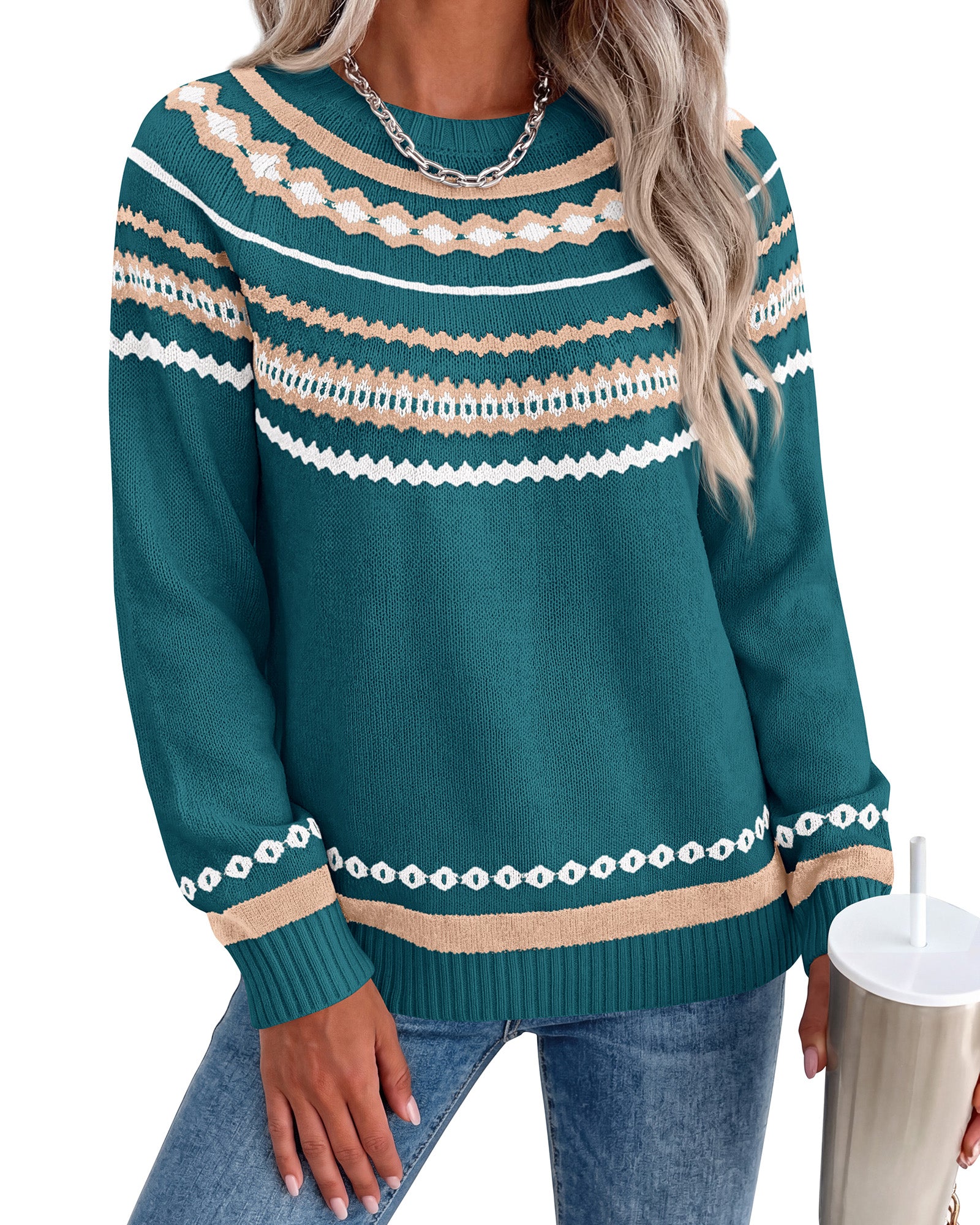 BTFBM Womens Sweaters Fall 2026 Casual Long Sleeve Sweater | Fair Isle,Stretchy,Lightweight, Crew Neck, Ribbed Hem,Long Sleeve Knit Pullover, Chunky Sweaters, Loose Tops, Fashion Clothes