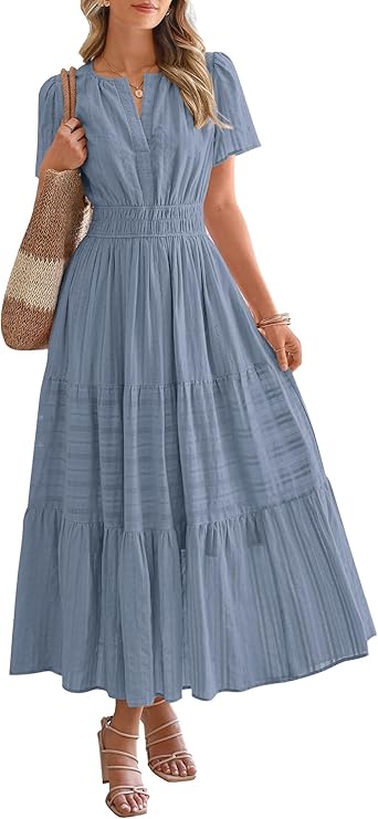 BTFBM Womens Summer 2025 Casual Midi Maxi Dresses Lightweight Short Sleeve V Neck Elastic Waist Boho Beach Dress Pockets