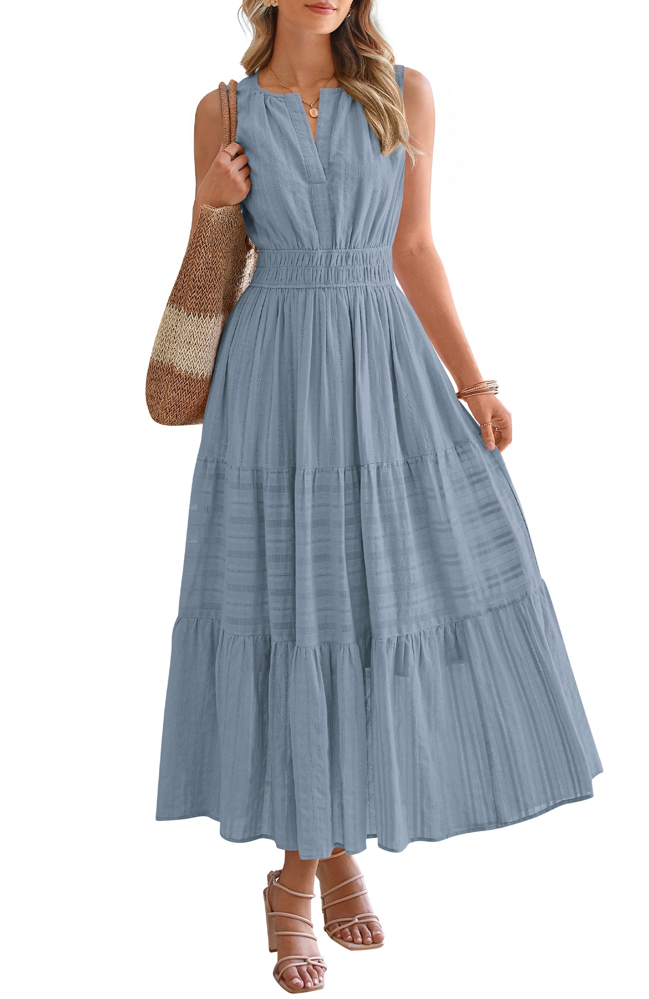 BTFBM Summer Dresses for Women 2026 Sleeveless Boho V Neck A Line Flowy Spring Casual Maxi Dress Beach Vacation Pockets