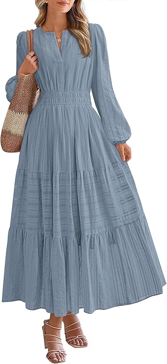 BTFBM Fall Dresses for Women 2025 Casual Long Sleeve V Neck Elastic Waist Lightweight Maxi Wedding Guest Dress Pockets