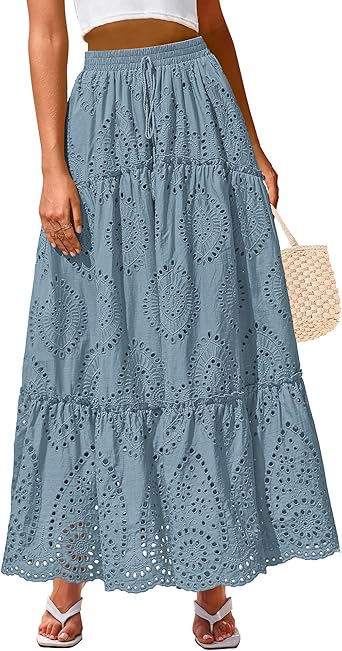 BTFBM Boho Long Skirts for Women Spring Summer 2026 Lace Embroidery High Waist Flowy Tiered Maxi Skirt Beach Vacation