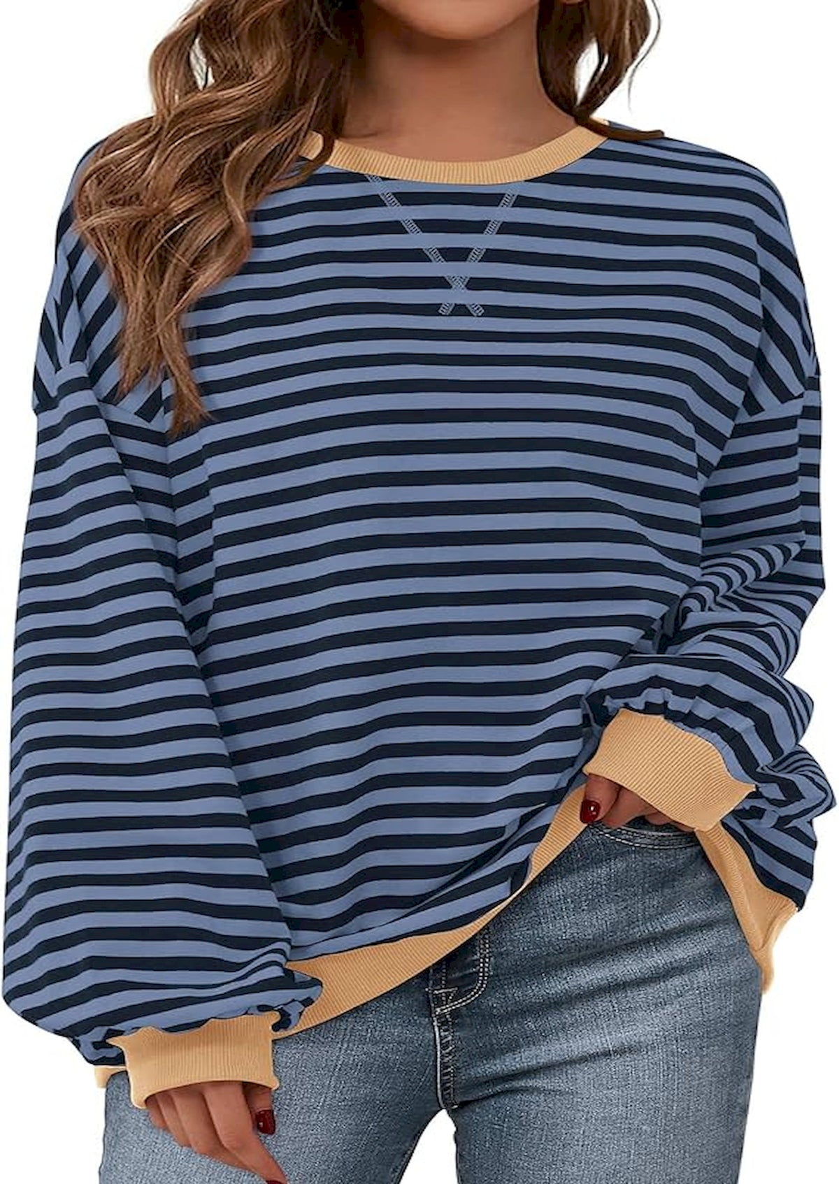 BTFBM Sweatshirt For Women 2026 Summer Crewneck Long Sleeve Oversized Striped Pullover Tops Y2K Clothes Workout Shirt