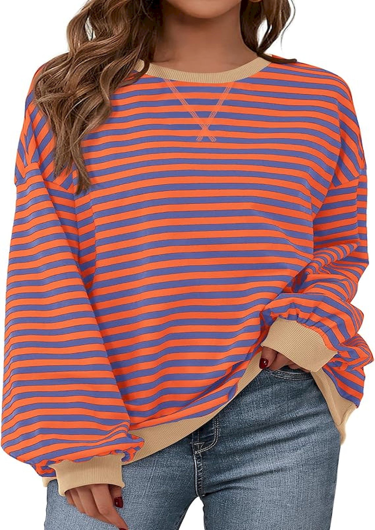BTFBM Sweatshirt For Women 2026 Summer Crewneck Long Sleeve Oversized Striped Pullover Tops Y2K Clothes Workout Shirt