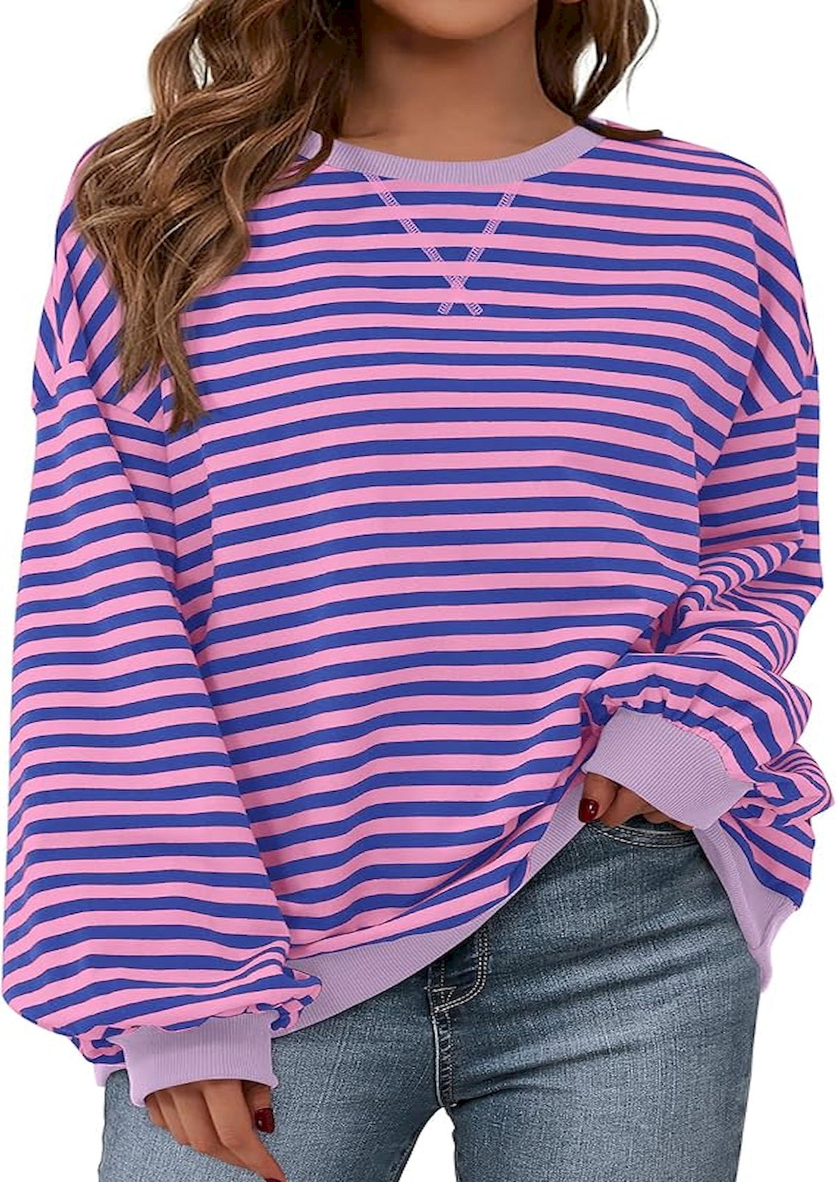 BTFBM Sweatshirt For Women 2026 Summer Crewneck Long Sleeve Oversized Striped Pullover Tops Y2K Clothes Workout Shirt