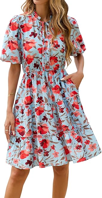 BTFBM Women Summer Floral Short Dresses V Neck Short Sleeve Tiered Ruffle Boho Swing Dress A-Line Mini Dresses