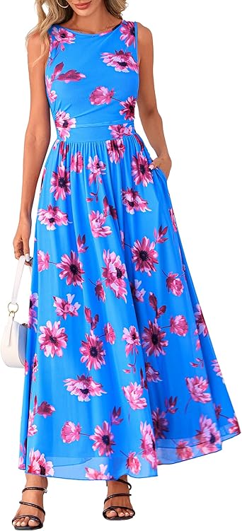 BTFBM Summer Dresses for Women 2026 Floral Maxi Dress Sleeveless Mesh Flowy Long Sundress Beach Vacation Clothes Pockets