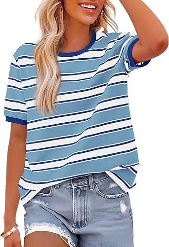 BTFBM Summer Tops for Women 2025 Crewneck Short Sleeve Striped T Shirts Casual Spring Clothes Color Block Basic Tee Blouses