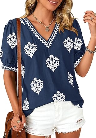 BTFBM Casual Summer Shirts for Women Beach Fashion Going Out Tops Vacation Short Sleeve Floral Boho Blouses Tunics