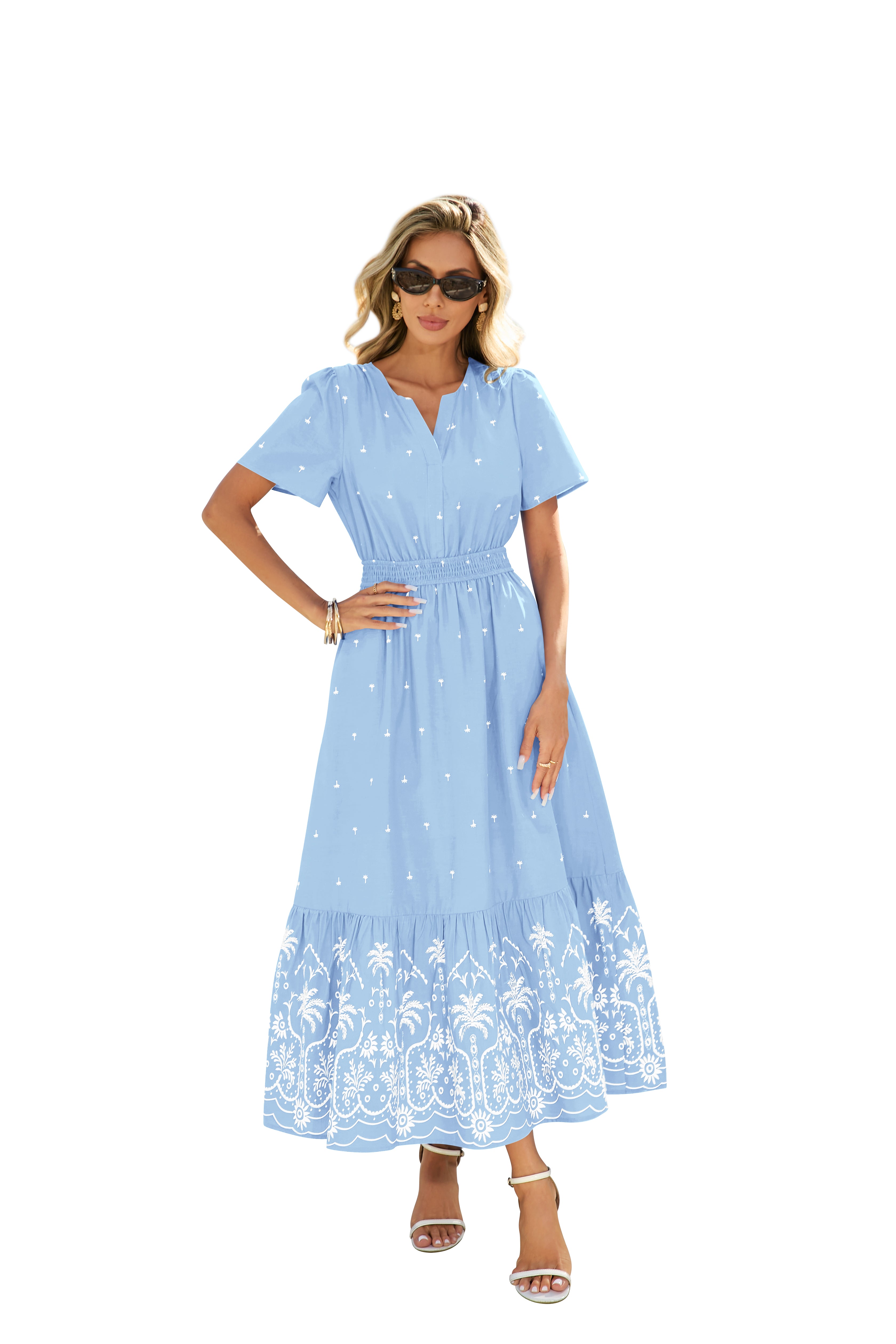 BTFBM Womens Summer Dresses 2026 Casual Short Sleeve Elastic Waist Flowy Beach Vacation Floral Boho Maxi Dress Pockets