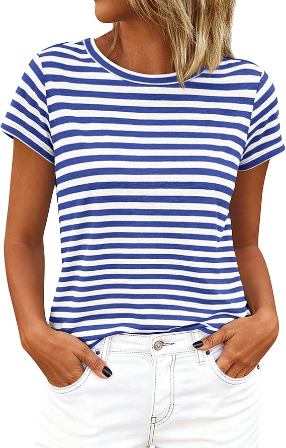 BTFBM Tops for Women Trendy Summer 2026 Crew Neck Short Sleeve T Shirts Striped Casual Vacation Blouse Loose Basic Tee