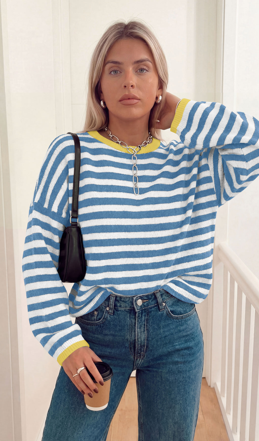 BTFBM Women's Lightweight Oversized Striped Sweater | Soft Knit Cozy Sweaters, Crew Neck Long Sleeve Pullover, y2k Color Block, Casual Holiday Outfits, Winter Fall Clothes 2026