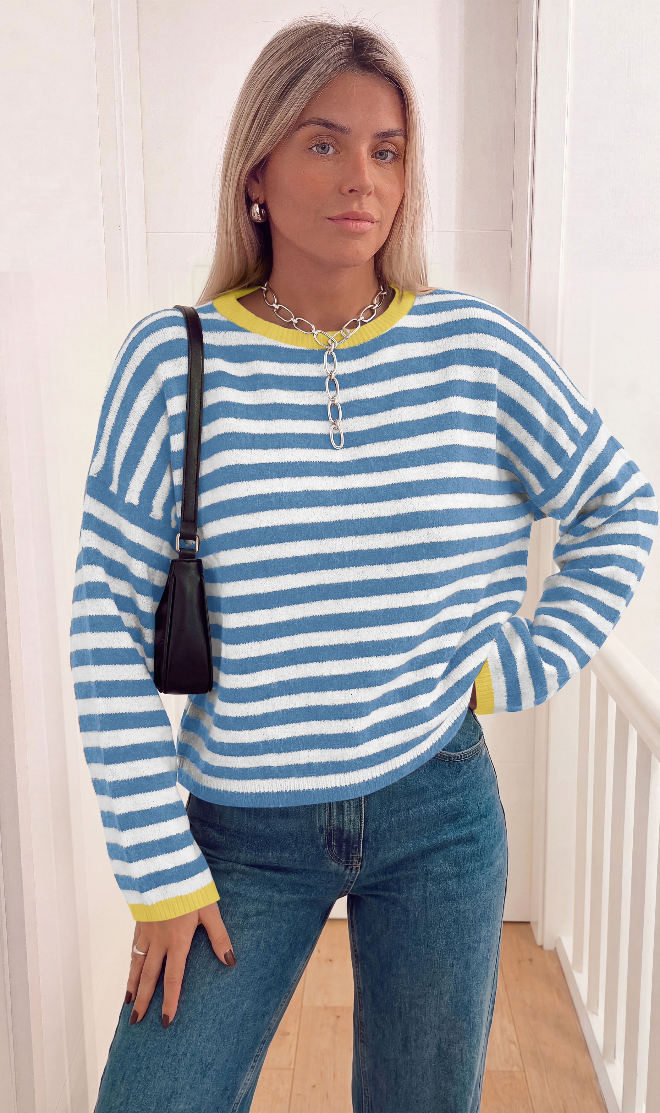 BTFBM Women's Lightweight Oversized Striped Sweater | Soft Knit Cozy Sweaters, Crew Neck Long Sleeve Pullover, y2k Color Block, Casual Holiday Outfits, Winter Fall Clothes 2026