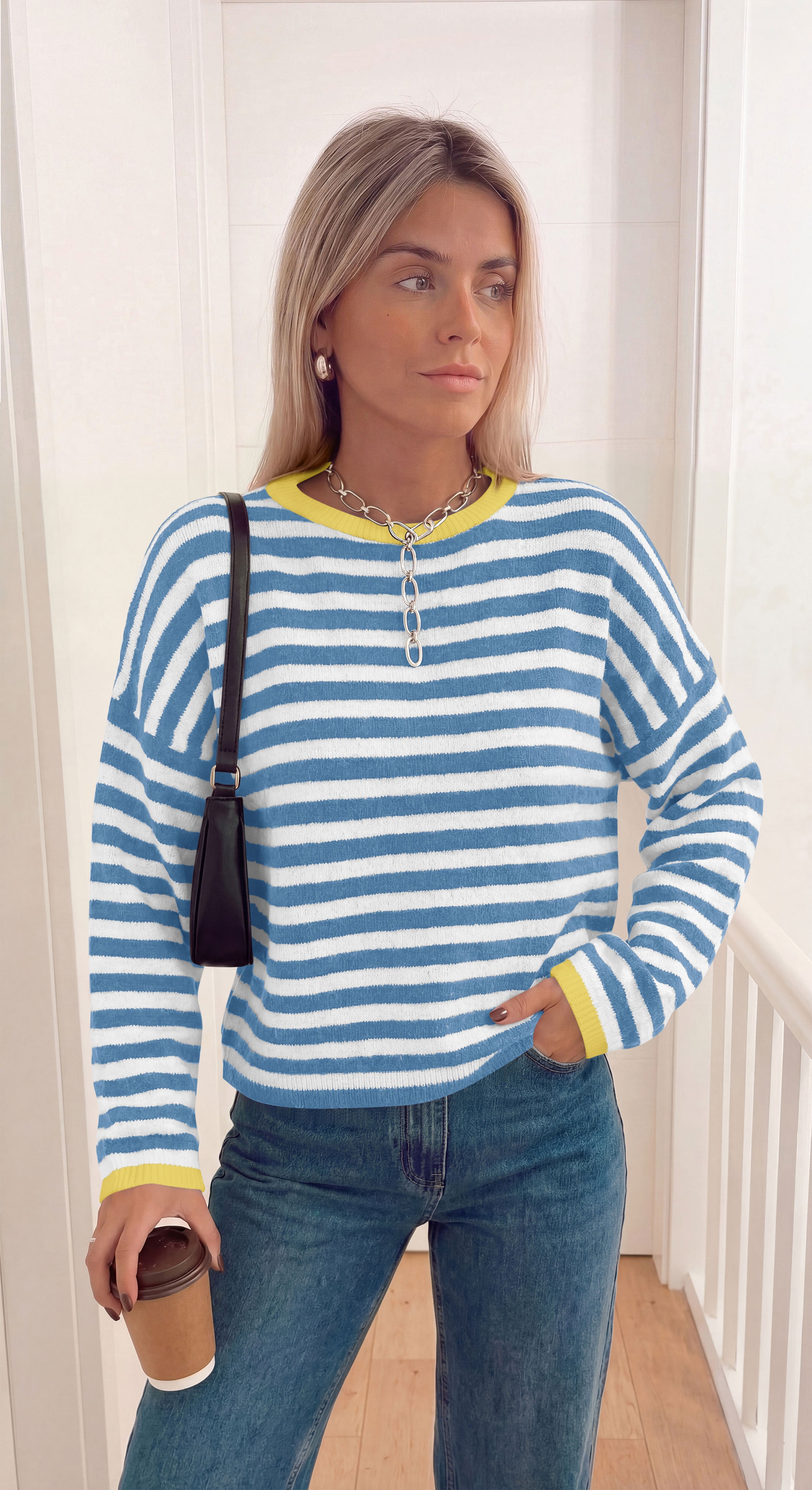 BTFBM Women's Lightweight Oversized Striped Sweater | Soft Knit Cozy Sweaters, Crew Neck Long Sleeve Pullover, y2k Color Block, Casual Holiday Outfits, Winter Fall Clothes 2026