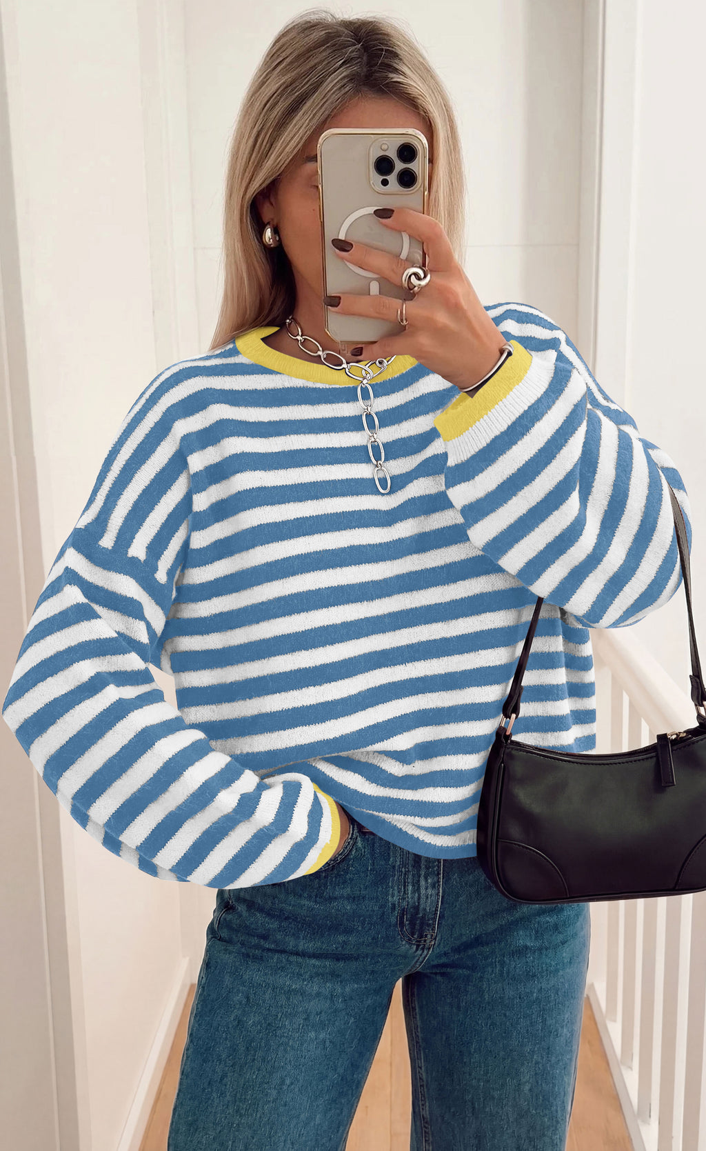 BTFBM Women's Lightweight Oversized Striped Sweater | Soft Knit Cozy Sweaters, Crew Neck Long Sleeve Pullover, y2k Color Block, Casual Holiday Outfits, Winter Fall Clothes 2026