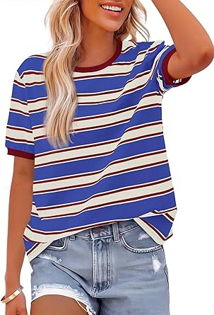 BTFBM Summer Tops for Women 2025 Crewneck Short Sleeve Striped T Shirts Casual Spring Clothes Color Block Basic Tee Blouses