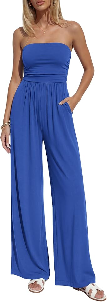 BTFBM Jumpsuits For Women Summer 2026 Beach Vacation Strapless Tube Top Jumpsuit Ruched Casual Wide Leg Pant Rompers