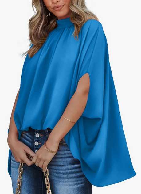 BTFBM Womens Summer Tops 2026 Mock Neck Batwing Sleeve Silk Satin Shirts Loose Oversized Dressy Casual Spring Blouses