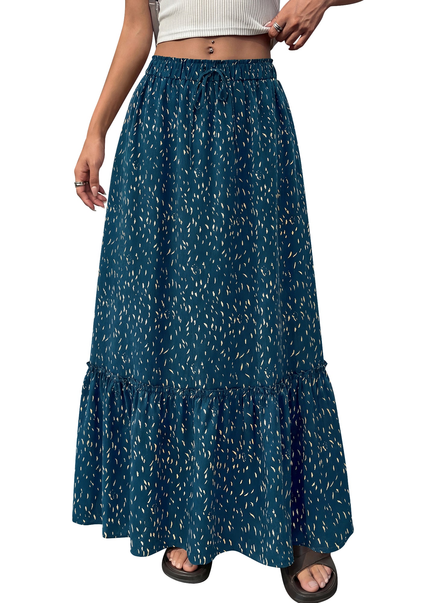 BTFBM Womens Boho Maxi Skirt 2026 Summer Floral High Waisted Flowy Tiered Long Spring Beach Vacation Skirts Pockets