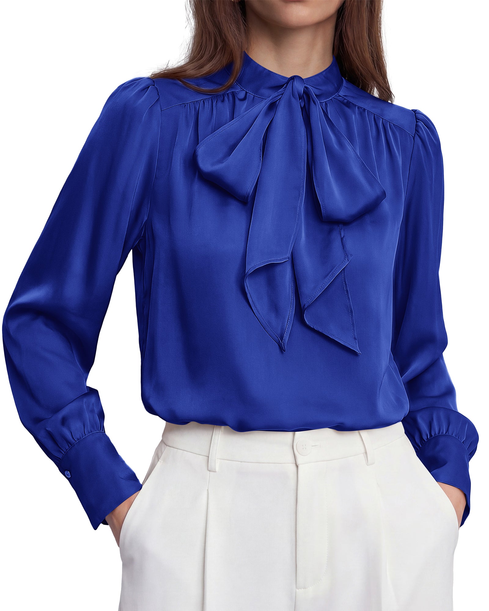 BTFBM Women Satin Blouses Bow Tie Work Business Casual Tops | Ruched Button Cuff Long Sleeve Top, Dressy Silk Blouse, Elegant Daily Professional Office Clothes, Early Fall Fashion 2026