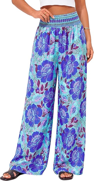 BTFBM Floral Wide Leg Pants Woman Spring Summer 2026 Smocked Elastic Waist Long Pant Resort Wear Beach Vacation Outfits