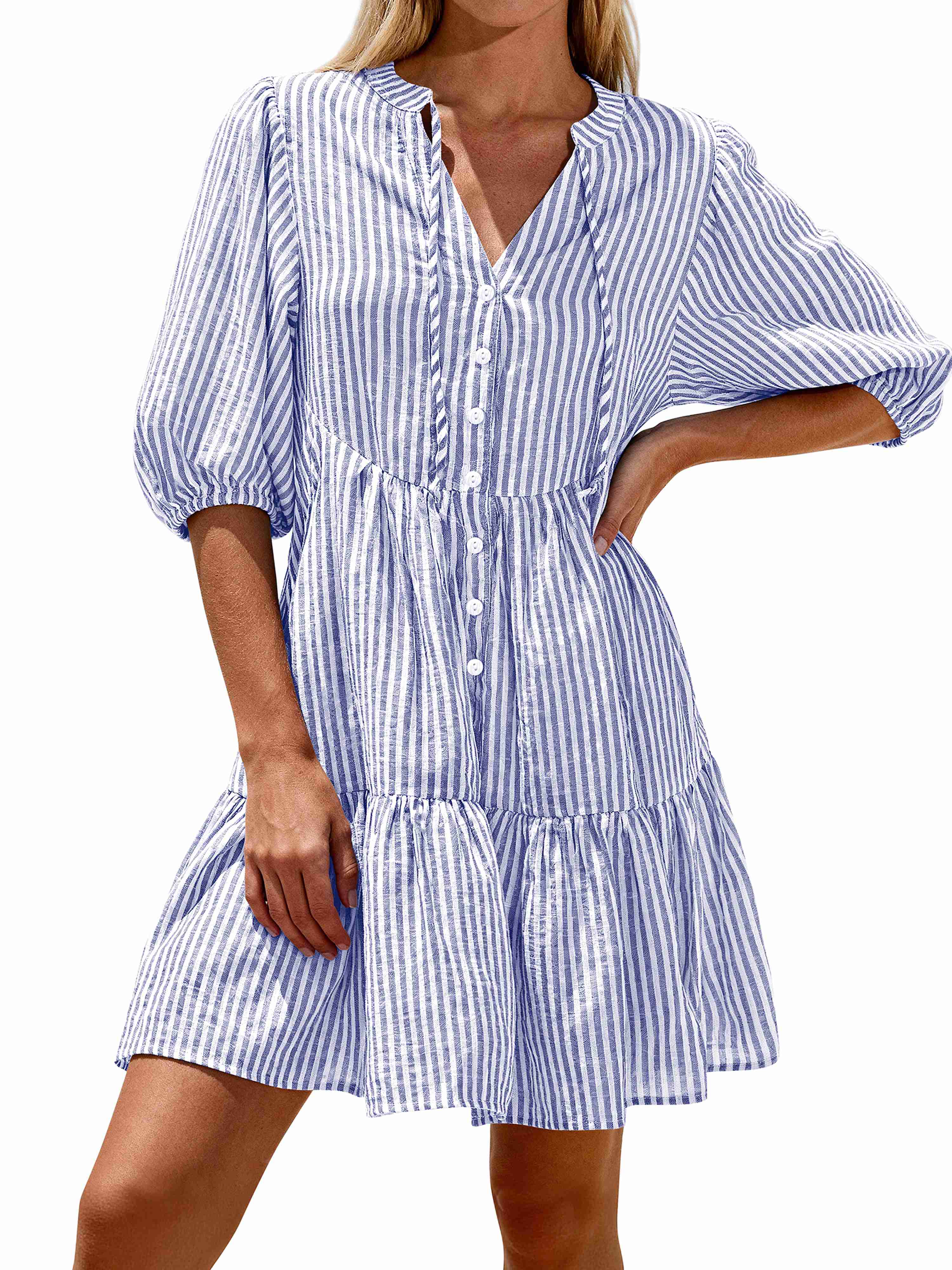 BTFBM Women Summer Dresses 2026 Striped Mini Dress Half Sleeve Button Down Tiered Flowy Beach Vacation Outfits Pockets