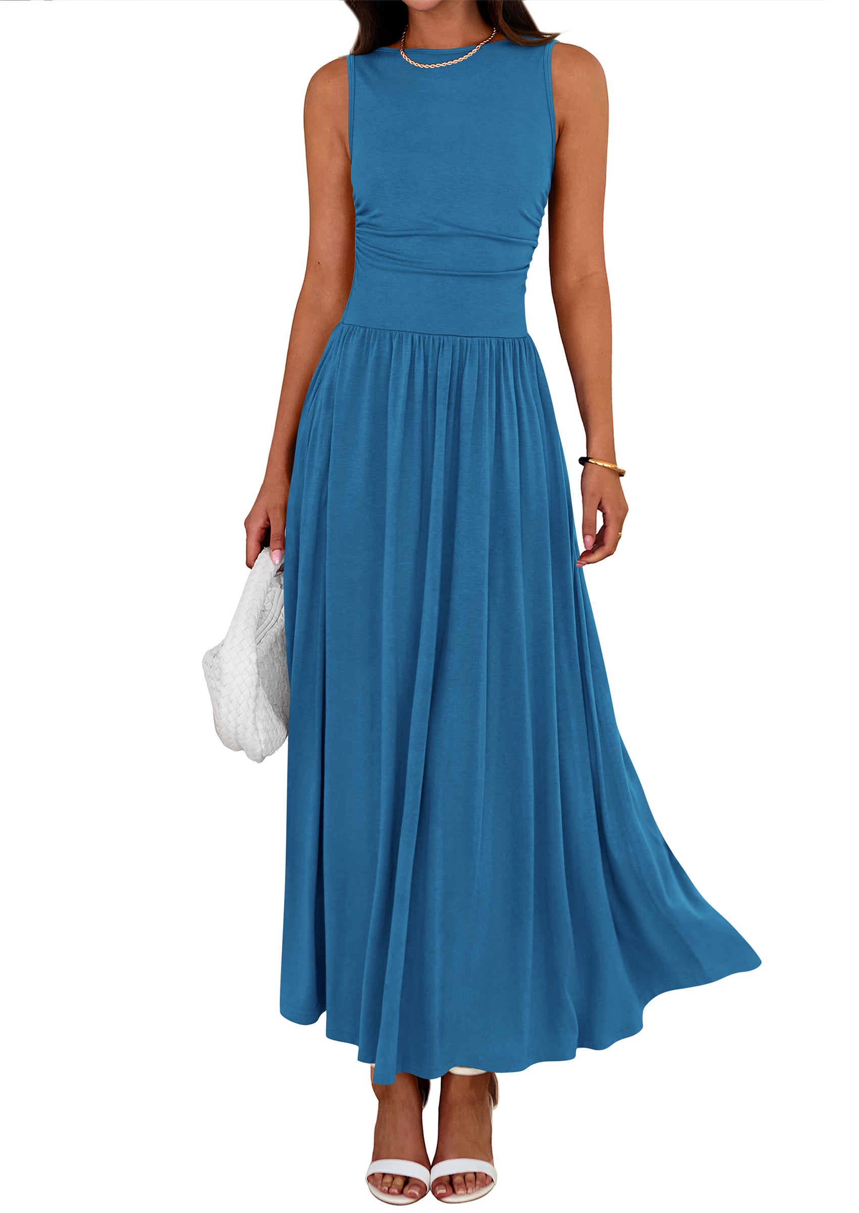 BTFBM Summer Maxi Dresses for Women 2026 Spring Sleeveless Casual Ruched High Waisted Long Sundress Flowy Beach Dress