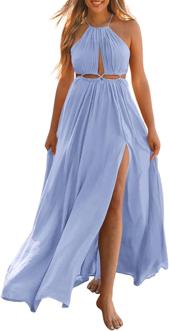 BTFBM Women Halter Summer Dresses 2026 Sleeveless Cutout Backless Sundress Slit Boho Maxi Beach Wedding Guest Dress
