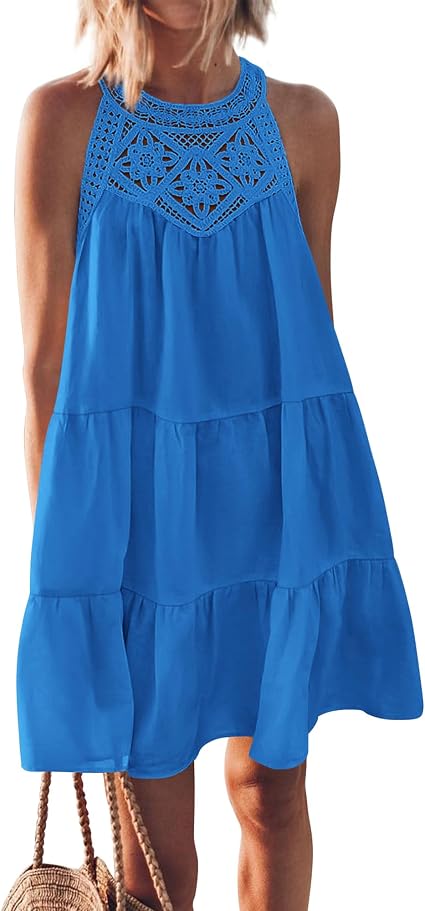 BTFBM Summer Dress for Women 2026 Spring Boho Fashion Halter Neck Sleeveless Loose A-Line Mini Beach Vacation Sundress