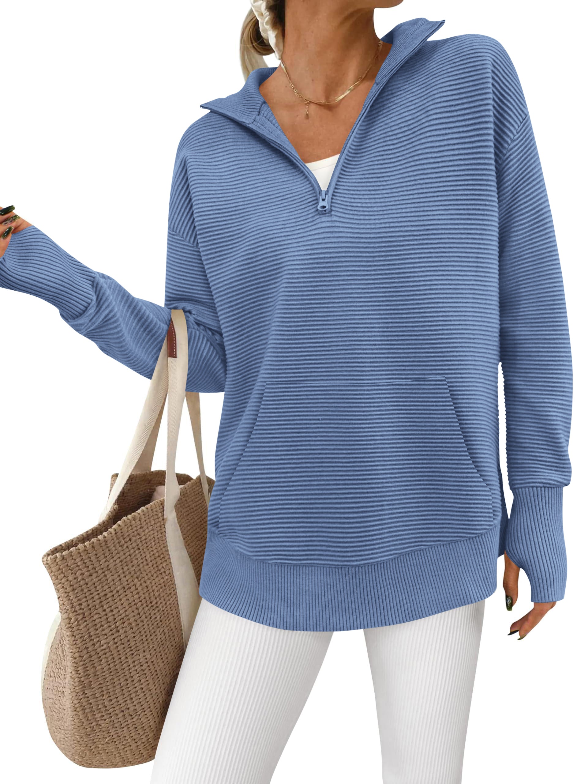 BTFBM Sweaters for Women Fall Clothes 2026 Pocket Quarter Zip Pullover V Neck Long Sleeve Knit Trendy Winter Sweater