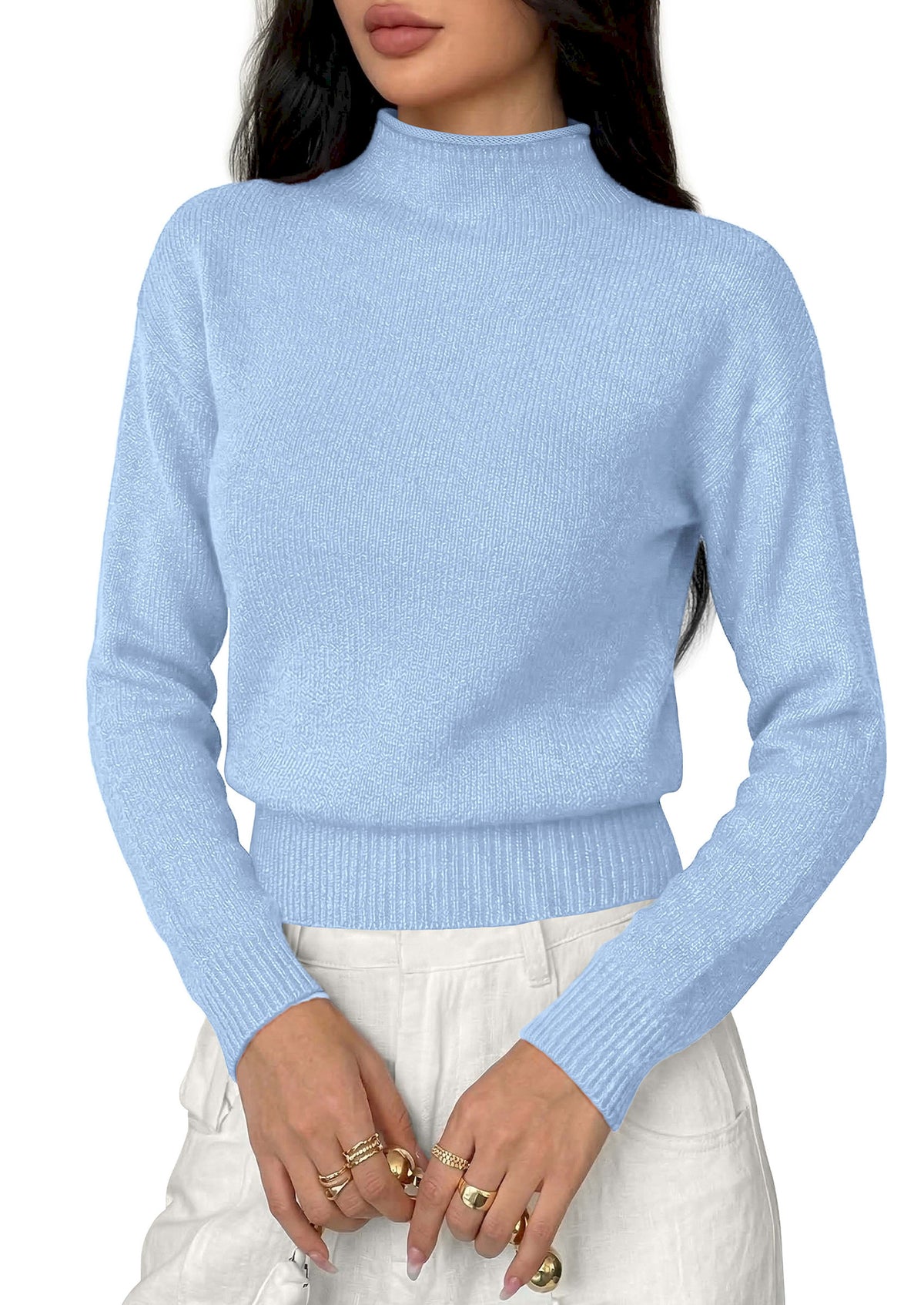 BTFBM Women’s Long Sleeve Sweaters Mock Neck Business Casual Lightweight Sweater Tops 2026 Fall Fashion Clothing
