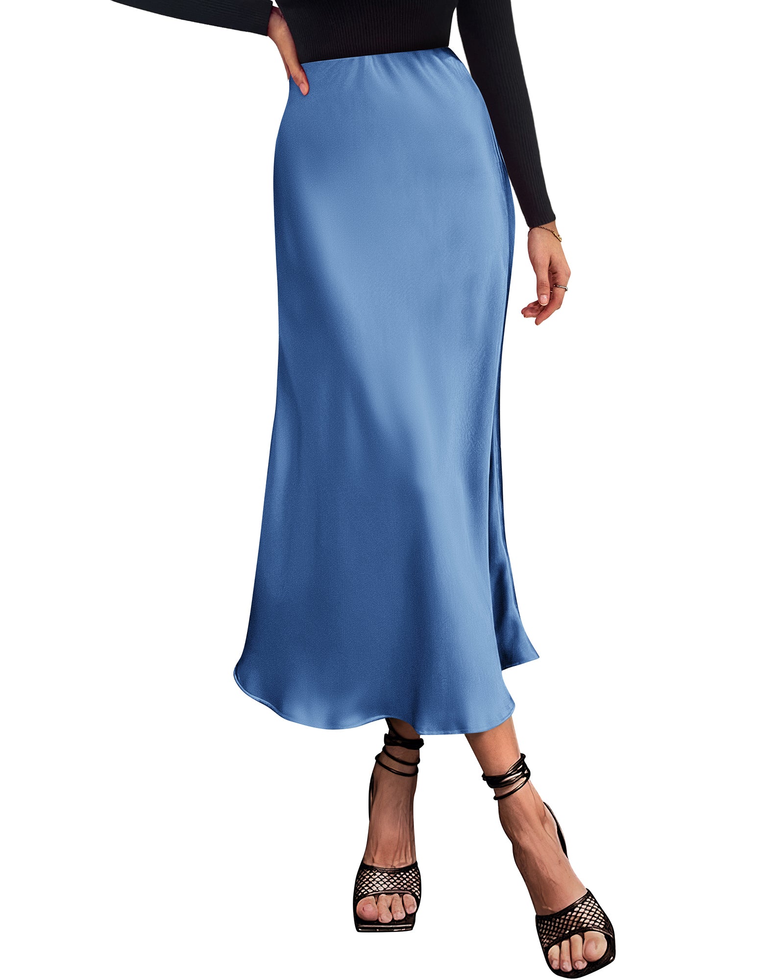 BTFBM 2026 Womens Spring Summer Long Satin Skirt Silk Elegant High Waist Cocktail Party Wedding Flowy A-Line Midi Skirts