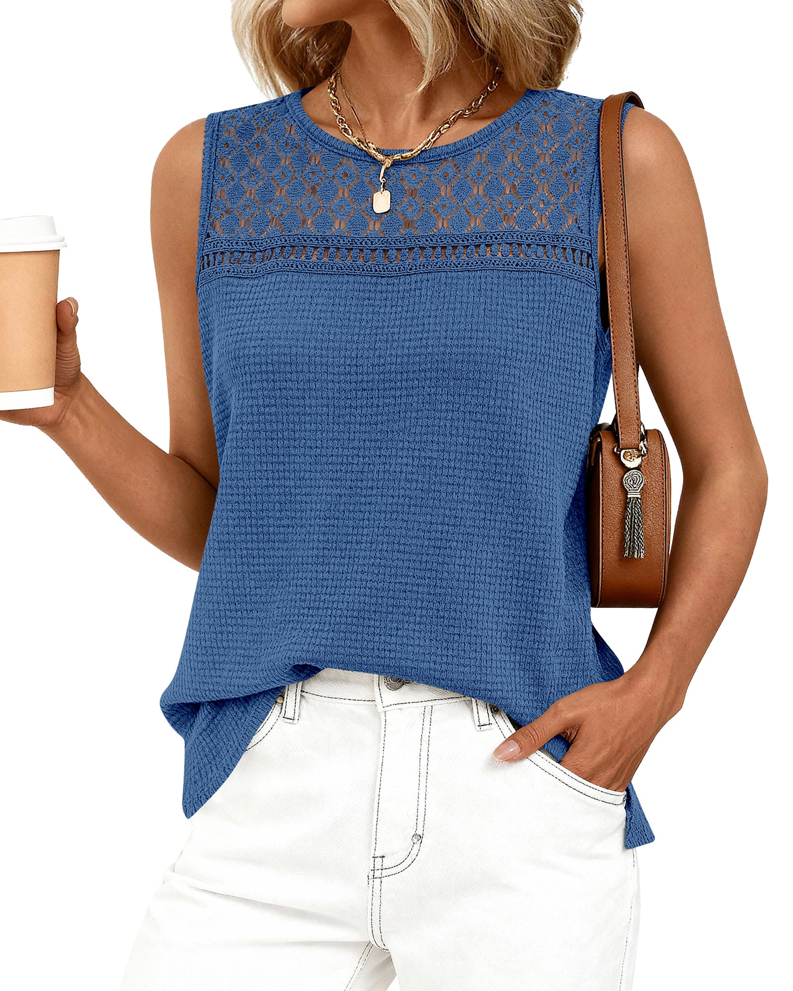 BTFBM Tank Top for Women 2026 Sleeveless Shirts Waffle Knit Vest Crew Neck Casual Outfits Loose Blouses Summer Tops