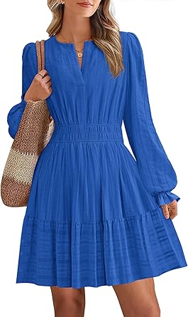 BTFBM Mini Dresses for Women 2025 Casual Lightweight Long Sleeve V Neck A Line Elastic Waist Party Holiday Dress