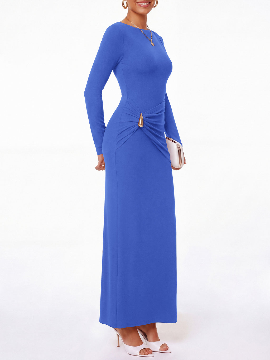 BTFBM Womens Long Sleeve Ruched Slit Maxi Wedding Guest Dress | Boat Neck, Bodycon, Semi Formal Dresses For Women Cocktail, Party, Homecoming, Date Night, Christmas, Holiday, Winter Outfits