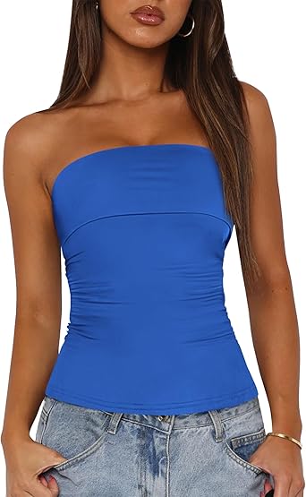 BTFBM Womens Strapless Tube Tops Spring Summer Clothes 2026 Trendy Casual Ruched Stretchy Going Out Bodycon Bandeau Top