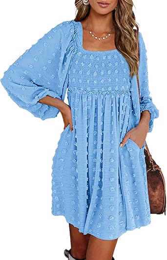 BTFBM Womens Long Sleeve Dress Vacation Square Neck Smocked Floral Swiss Dot Mini Boho Spring Wedding Guest Dresses 2026