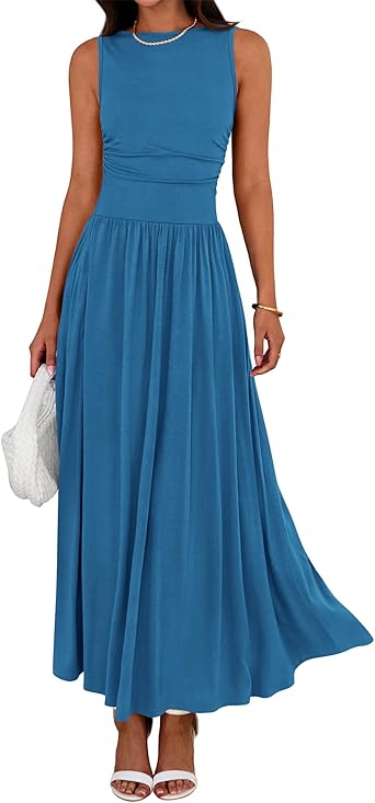 BTFBM Summer Maxi Dresses for Women 2026 Spring Sleeveless Casual Ruched High Waisted Long Sundress Flowy Beach Dress