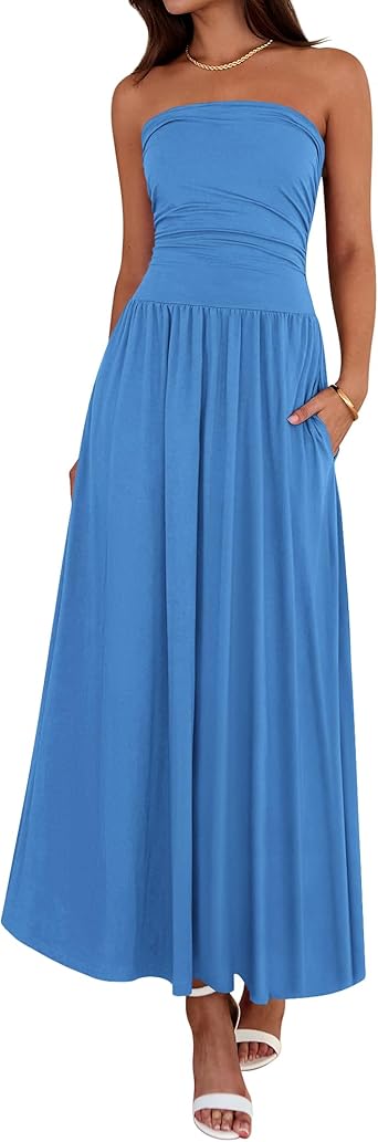 BTFBM Summer Maxi Dresses for Women 2026 Strapless Ruched Tube Top Beach Vacation Spring Wedding Guest Dress Pockets